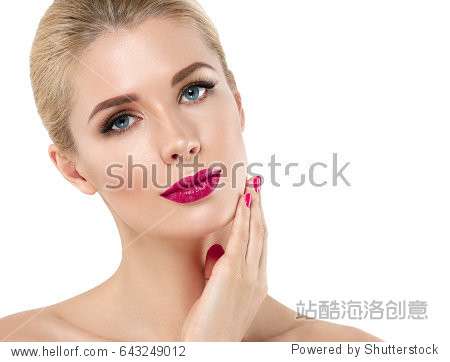 woman nail manicure lipstick same color beauty portrait