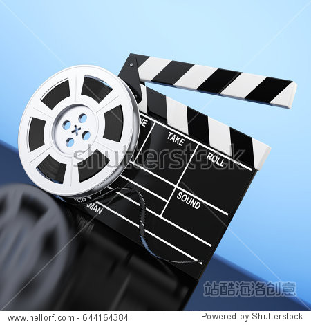 film reel with cinema tape near clapboard on a blue background.