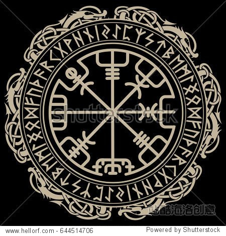 magical runic compass vegvisir in the circle of norse runes and