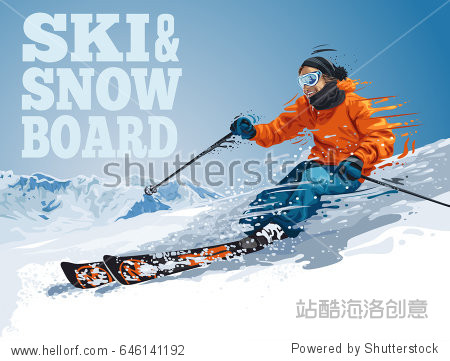 Vector illustration of skiing young pro guy in the mountains  and snowboarding