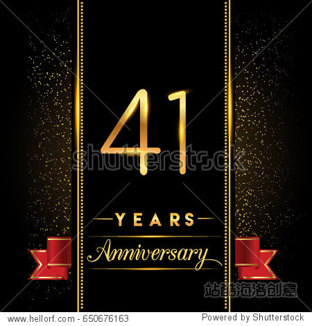 forty one years anniversary celebration logotype. 41st anniversary logo with confetti golden colored and red ribbon isolated on black background  vector design for greeting card and invitation card