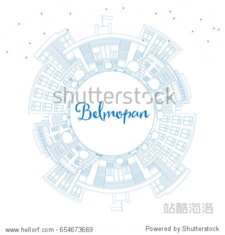 Outline Belmopan Skyline with Blue Buildings and Copy Space. Vector Illustration. Business Travel and Tourism Concept with Modern Architecture. Image for Presentation Banner Placard and Web Site.