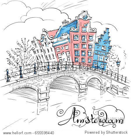 vector city sketch of amsterdam canal, bridge and