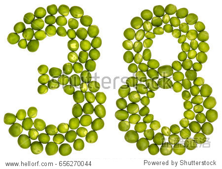 arabic numeral 38, thirty eight, from green peas, isolated on
