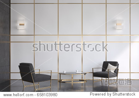 Two comfortable modern black armchairs are standing in front of each other near a round coffee table in an office waiting area with gray walls. 3d rendering mock up