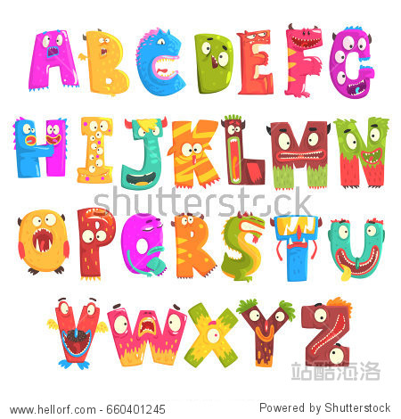 colorful cartoon children english alphabet with funny monsters.