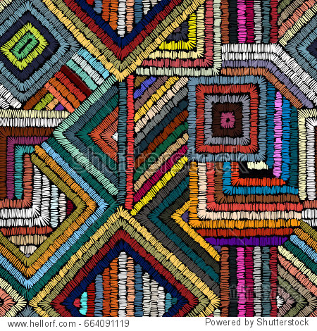 embroidery seamless ornament. colored lines on a black background. handmade. ethnic and tribal motifs. print in the bohemian sty