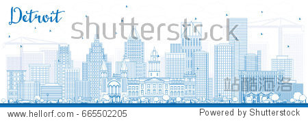 Outline Detroit Skyline with Blue Buildings. Business Travel and Tourism Concept with Modern Architecture. Image for Presentation Banner Placard and Web Site.