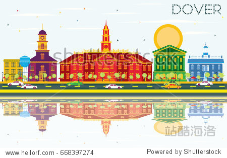 Dover Skyline with Color Buildings Blue Sky and Reflections. Business Travel and Tourism Concept with Historic Buildings. Image for Presentation Banner Placard and Web Site.
