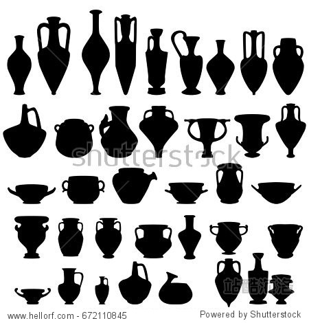 antique ceramics, silhouettes of amphorae, pitchers and bowls