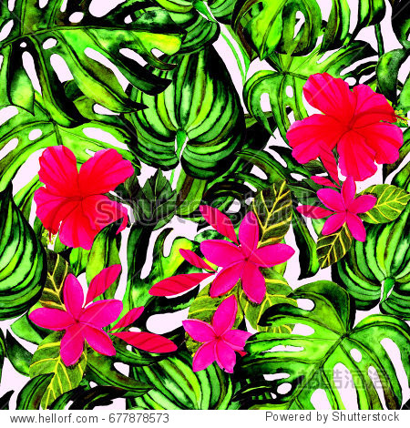 watercolor seamless pattern with tropical plants.