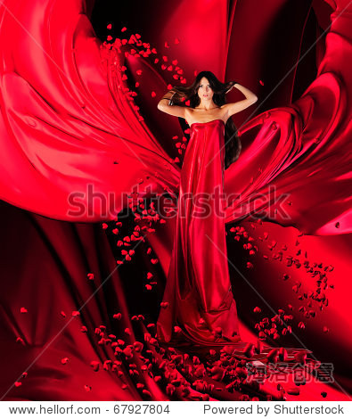 goddess of love in long red dress with magnificent long hair