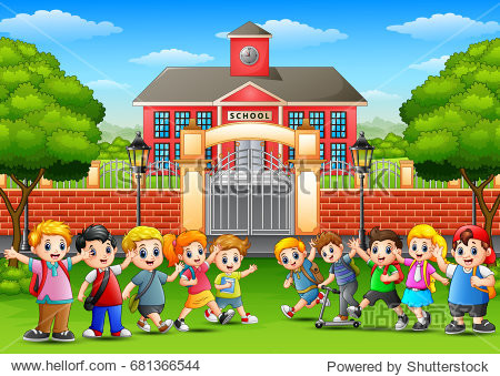of happy school children in outside the front of school building