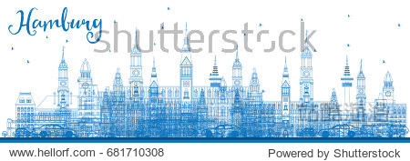 Outline Hamburg Skyline with Blue Buildings. Vector Illustration. Business Travel and Tourism Concept with Historic Architecture. Image for Presentation Banner Placard and Web Site.