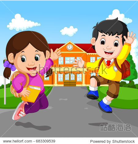 vector illustration of happy little kids going to school - 站酷