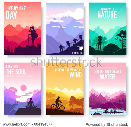 Sport rest day vector brochure cards set. Tourism on nature template of flyear magazines poster book cover banners. Active lifestyle invitation concept background. Layout illustration modern page Sport rest day vector brochure cards set. Tourism on nature template of flyear magazines poster book cover banners. Active lifestyle invitation concept background. Layout illustration modern page