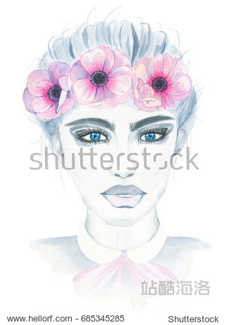 watercolor hand painted fashion girl with floral wreath of pink