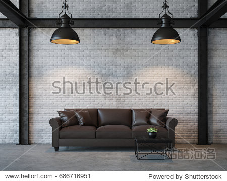 Loft style living room 3d rendering image.There are white brick wall polished concrete floor and black steel structure.Furnished with dark brown leather sofa