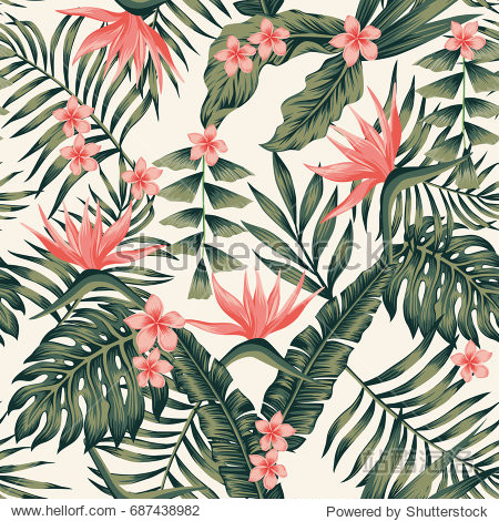 Beach cheerful seamless pattern wallpaper of tropical dark green leaves of palm trees and flowers bird of paradise (strelitzia) plumeria on a light yellow background