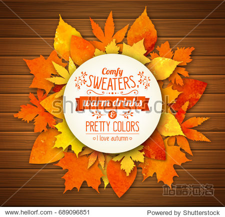 Autumn season banner. Greeting card with text and hand drawn watercolor fall leaves. Modern lettering and watercolor colorful foliage of yellow orange and red color on wooden background