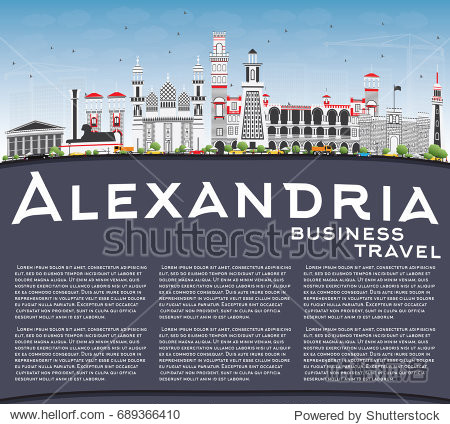 Alexandria Skyline with Gray Buildings Blue Sky and Copy Space. Vector Illustration. Business Travel and Tourism Concept with Historic Architecture. Image for Presentation Banner Placard and Web Site