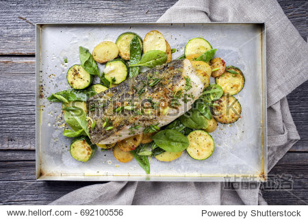 fried cod fish fillet with vegetable and potatoes as top-view on