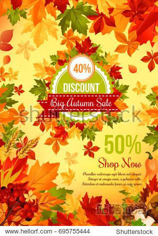 Autumn sale discount offer banner template. Fall leaf autumn harvest pumpkin vegetable orange yellow and green maple foliage retail promotion poster design decorated with mushroom acorn and berry