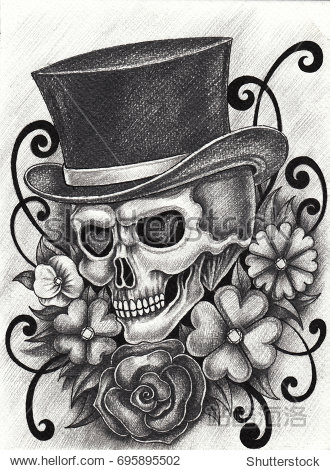 art skull day of the dead.hand pencil drawing on paper.