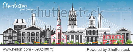 Charleston South Carolina Skyline with Gray Buildings and Blue Sky. Business Travel and Tourism Illustration with Historic Architecture.