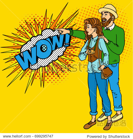 guy and girl hipsters say wow.