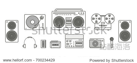 Sound systems retro collection. Portable player headphones cassette player stereo system speakers record player tape recorder mic radio vinyl player. Contour vector line art illustration set Sound systems retro collection. Portable player headphones cassette player stereo system speakers record player tape recorder mic radio vinyl player. Contour vector line art illustration set