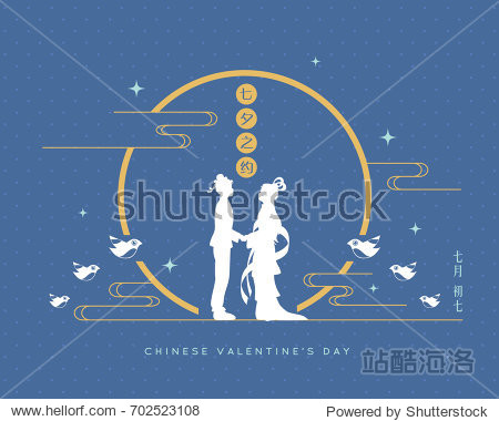 Qixi Festival or chinese valentine's day. Celebration of the yearly dating of cowherd & weaver girl on polka dot background. (caption: the date of cowherd & weaver girl on qIxi festival ; 7th July)