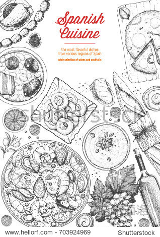 spanish dishes with paella  gazpacho  tortilla  tapas  sausages