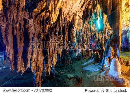 stalactite stalactites with color lighting in cave