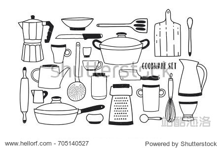 Hand drawn kitchen utensils and tools for cooking standing on shelves and hanging on hooks against white background. Drawing of cookware in monochrome colors. Vector illustration in doodle style.