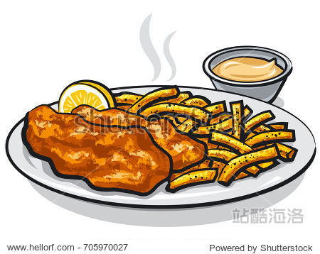 illustration of battered fish and chips with lemon