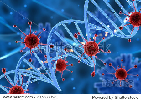 3d render of virus cells attacking a dna strand
