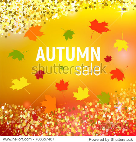 Vector autumn sale background with red orange green and yellow falling autumn leaves and circles on a orange background. Autumn sale background with leaves. Vector illustration.