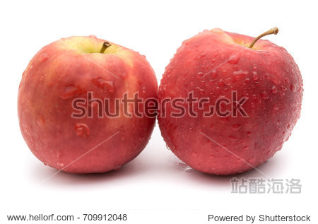 red apple on white background with water drop in full depth of