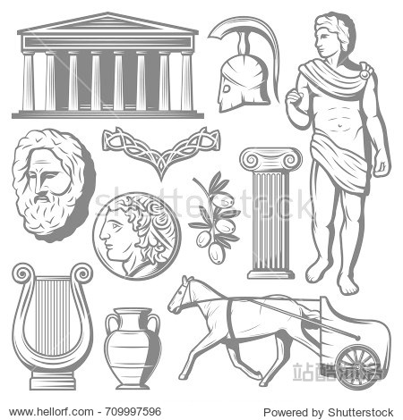 vintage ancient greece elements set with greek hel