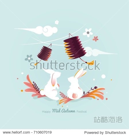 Chinese mid Autumn Festival design. Holiday background with rabbits  floral elements and lanterns. Vector illustration. 