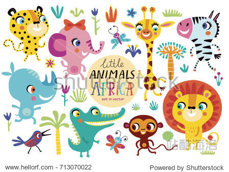 childish vector illustration of elephant, lion