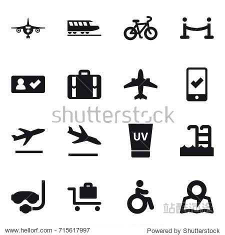 Set of 16 vector icons such as plane train bike vip fence check in suitcase airplane mobile checking departure arrival uv cream pool diving mask baggage trolley invalid map