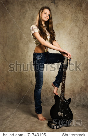 barefooted teenager girl with electric guitar again
