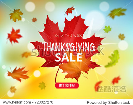 Stock vector illustration design Thanksgiving day sale with realistic maple leaves on sky background with falling motion blur autumn leaves design. Templates for post cards banners flyers sale