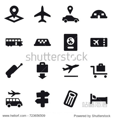 16 vector icon set : pointer plane car pointer dome house bus taxi passport ticket suitcase baggage get departure baggage trolley transfer signpost inflatable mattress bed