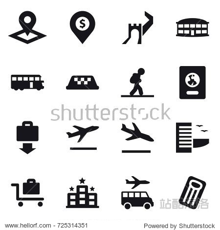 16 vector icon set : pointer dollar pin greate wall airport building bus taxi tourist passport baggage get departure arrival hotel baggage trolley transfer inflatable mattress