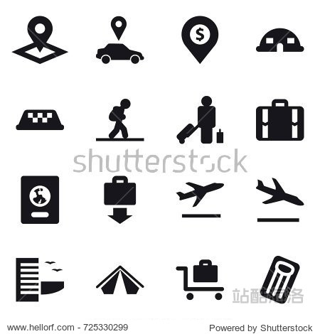16 vector icon set : pointer car pointer dollar pin dome house taxi tourist passenger suitcase passport baggage get departure arrival hotel tent baggage trolley inflatable mattress
