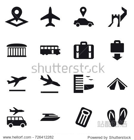 16 vector icon set : pointer plane car pointer greate wall airport building bus suitcase baggage get departure arrival hotel tent transfer yacht inflatable mattress flip-flops