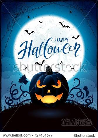 text happy halloween on blue night sky with full moon and jac